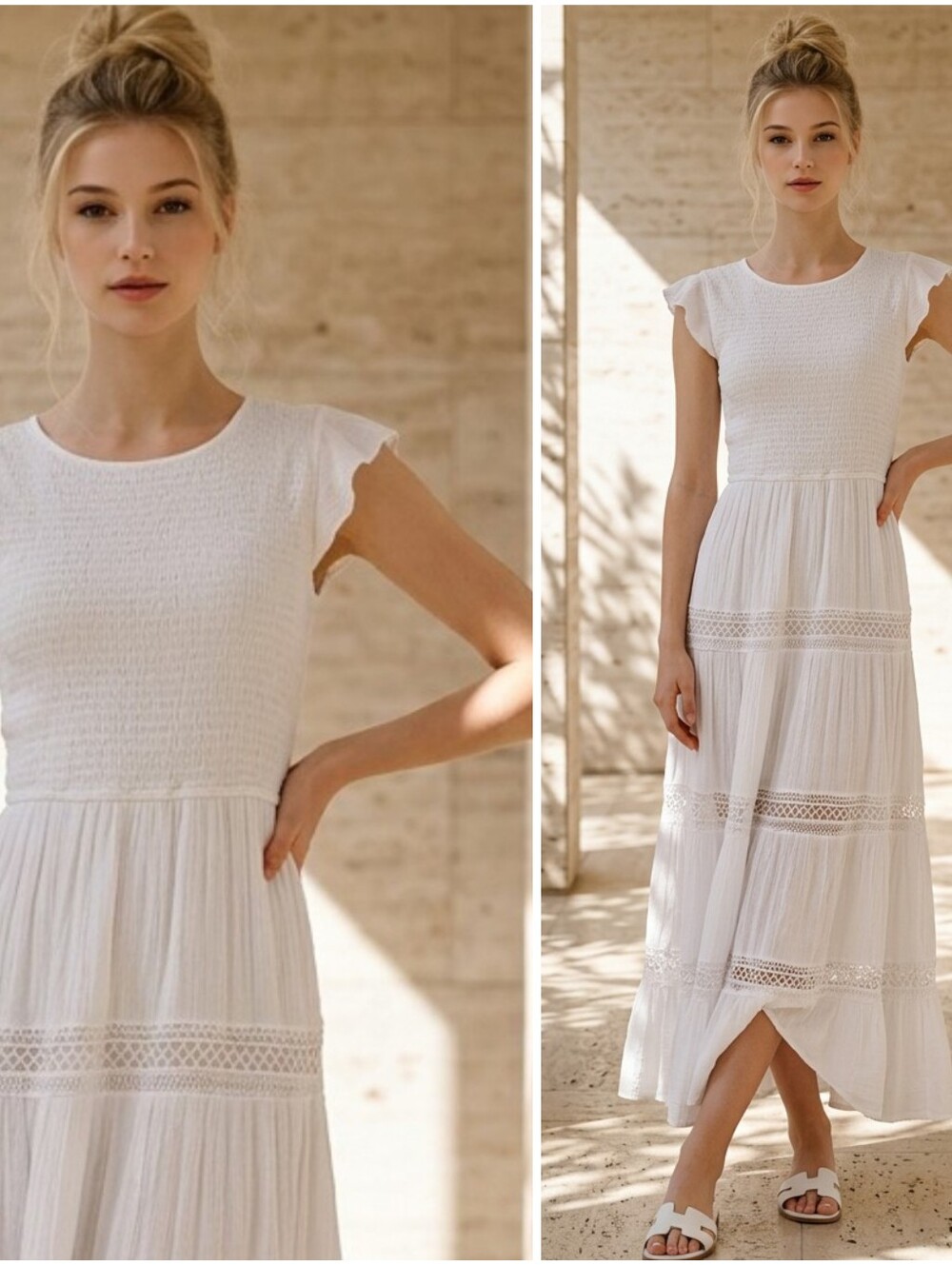 Moon Orchid White Tiered Boho Maxi Dress Moon Orchid Gauze Smocked Flowy Lined M